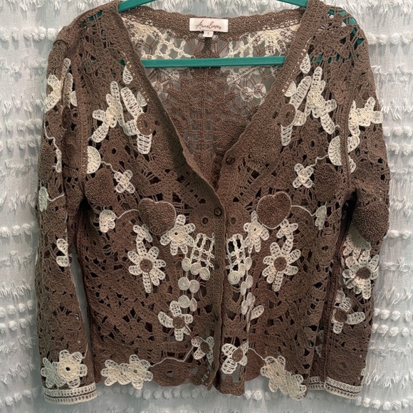 ANDREE BY UNIT Sweaters - ANDREE BY UNIT Floral Crochet Cardigan in Brown and Cream